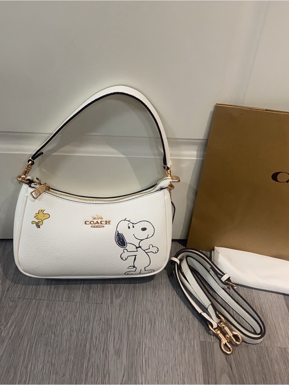 Coach White Leather Shoulder Bag with Snoopy & Woodstock Artwork